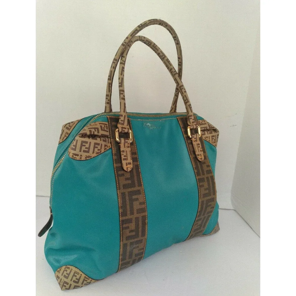 Fendi Monogram Turquoise Leather Tote Bag with FF‎ Pattern Trim Designer Handbag